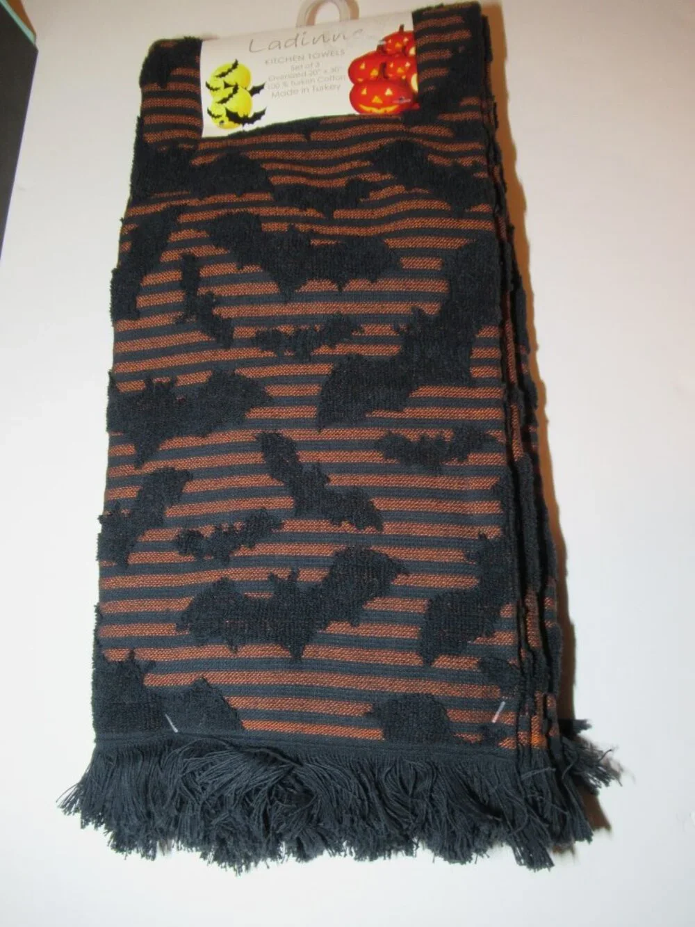 NWT Ladinne Kitchen Towels, Set of 3, Orange & Black Stripes, Halloween Bats
